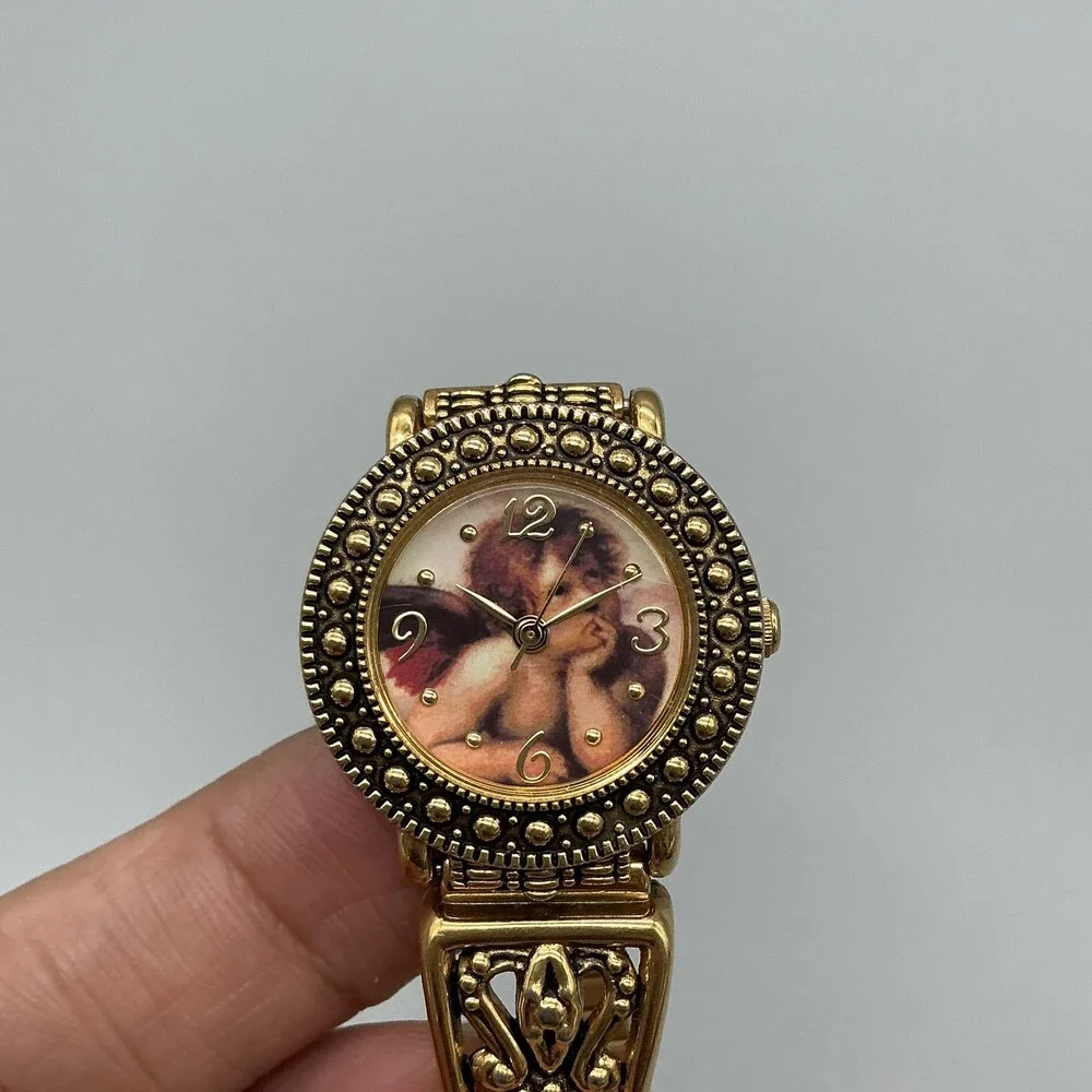 Vintage SII Angel Cherub Womens Watch 26mm Gold Tone Stretch Band New Battery a